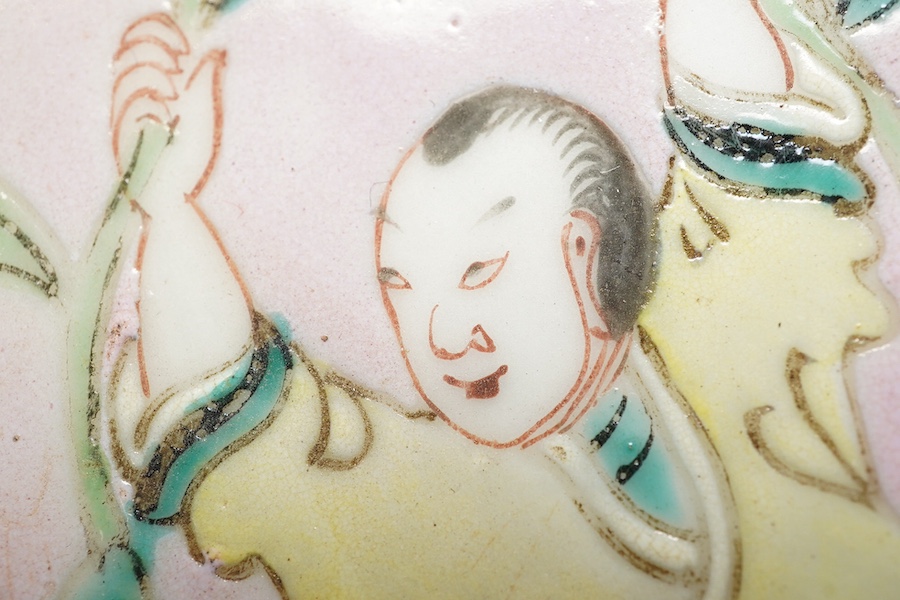 A Chinese enamelled porcelain pink ground ‘boys’ dish, mid 19th century